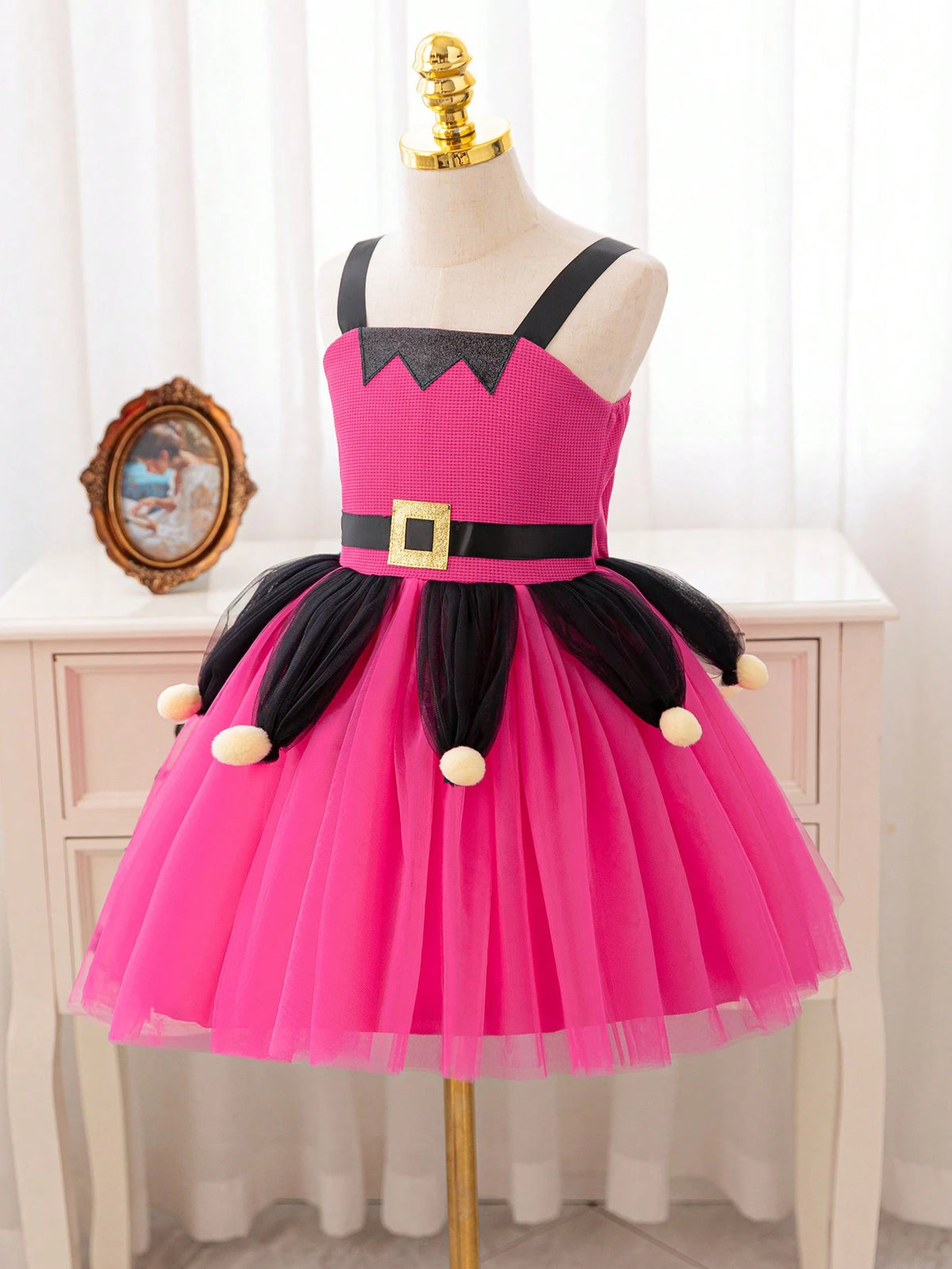 Kids Girls Christmas Party Dress, Princess Floral Net Yarn Spaghetti Strap Dance Party Pageant Dress