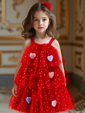 Girls Red Star Mesh Cake Skirt Dress With 3D Heart Suspender, Elegant Formal Party Pageant Stage Gown