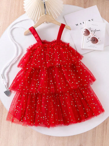 Girls Red Star Mesh Cake Skirt Dress With 3D Heart Suspender, Elegant Formal Party Pageant Stage Gown