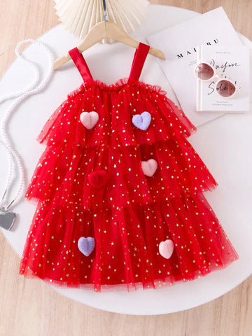 Girls Red Star Mesh Cake Skirt Dress With 3D Heart Suspender, Elegant Formal Party Pageant Stage Gown