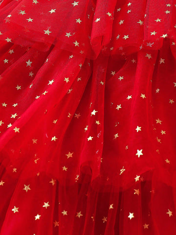 Girls Red Star Mesh Cake Skirt Dress With 3D Heart Suspender, Elegant Formal Party Pageant Stage Gown