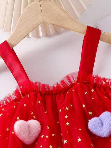 Girls Red Star Mesh Cake Skirt Dress With 3D Heart Suspender, Elegant Formal Party Pageant Stage Gown
