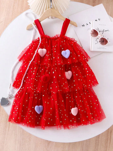 Girls Red Star Mesh Cake Skirt Dress With 3D Heart Suspender, Elegant Formal Party Pageant Stage Gown