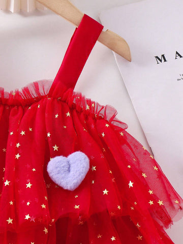Girls Red Star Mesh Cake Skirt Dress With 3D Heart Suspender, Elegant Formal Party Pageant Stage Gown