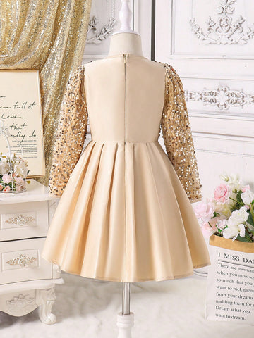 Glamorique Kids Girls Sequin Mix Mesh Butterfly Decor Round Neck Long Sleeve Princess Dress