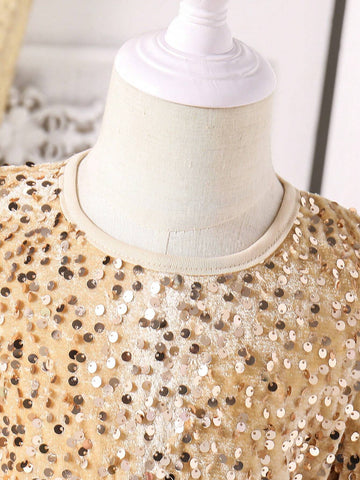 Glamorique Kids Girls Sequin Mix Mesh Butterfly Decor Round Neck Long Sleeve Princess Dress