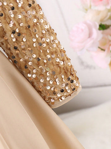 Glamorique Kids Girls Sequin Mix Mesh Butterfly Decor Round Neck Long Sleeve Princess Dress