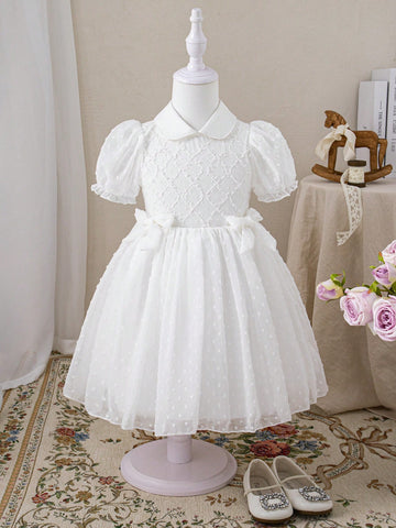 Girls Summer New Fashion Simple White Cutwork Chiffon Puff Sleeve Back Zipper Front Bow Decor White Performance Host Princess Dress