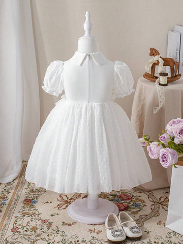 Girls Summer New Fashion Simple White Cutwork Chiffon Puff Sleeve Back Zipper Front Bow Decor White Performance Host Princess Dress