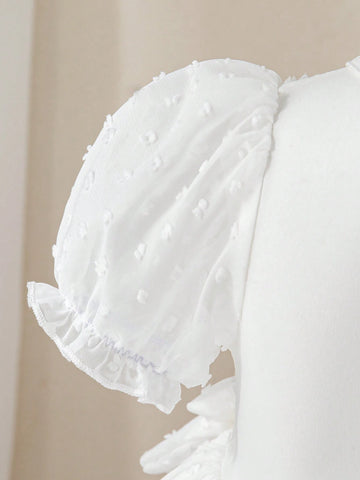 Girls Summer New Fashion Simple White Cutwork Chiffon Puff Sleeve Back Zipper Front Bow Decor White Performance Host Princess Dress