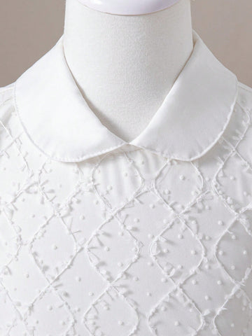 Girls Summer New Fashion Simple White Cutwork Chiffon Puff Sleeve Back Zipper Front Bow Decor White Performance Host Princess Dress