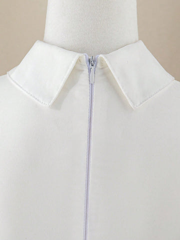 Girls Summer New Fashion Simple White Cutwork Chiffon Puff Sleeve Back Zipper Front Bow Decor White Performance Host Princess Dress