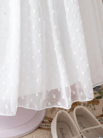 Girls Summer New Fashion Simple White Cutwork Chiffon Puff Sleeve Back Zipper Front Bow Decor White Performance Host Princess Dress