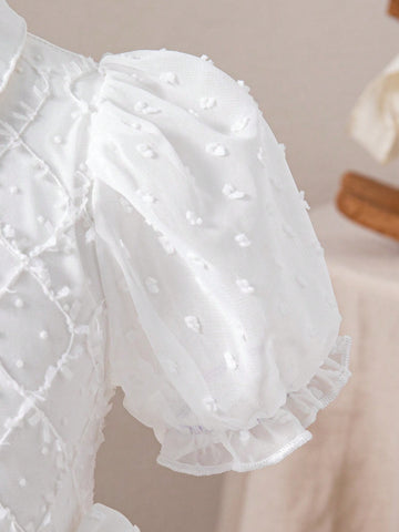 Girls Summer New Fashion Simple White Cutwork Chiffon Puff Sleeve Back Zipper Front Bow Decor White Performance Host Princess Dress