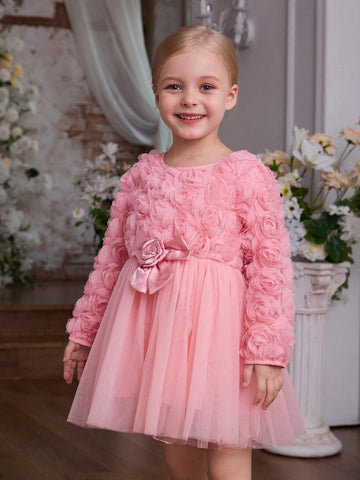 Kids Toddler Girls' Fashionable 3D Floral Princess Dress With Layered Mesh Skirt, Bow Waistband, Long Sleeves, Suitable For Holidays, Parties, Gatherings