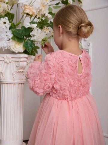 Kids Toddler Girls' Fashionable 3D Floral Princess Dress With Layered Mesh Skirt, Bow Waistband, Long Sleeves, Suitable For Holidays, Parties, Gatherings