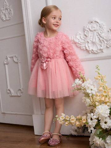 Kids Toddler Girls' Fashionable 3D Floral Princess Dress With Layered Mesh Skirt, Bow Waistband, Long Sleeves, Suitable For Holidays, Parties, Gatherings