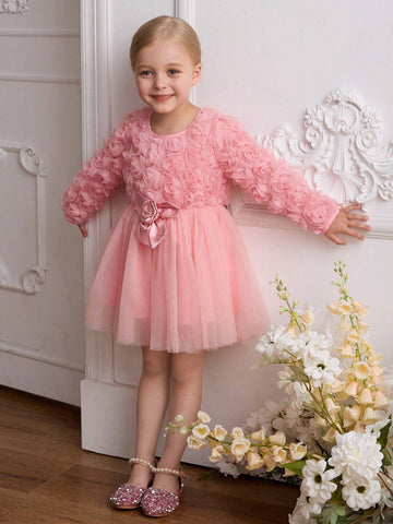 Kids Toddler Girls' Fashionable 3D Floral Princess Dress With Layered Mesh Skirt, Bow Waistband, Long Sleeves, Suitable For Holidays, Parties, Gatherings