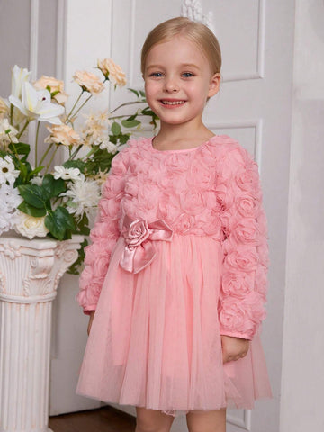 Kids Toddler Girls' Fashionable 3D Floral Princess Dress With Layered Mesh Skirt, Bow Waistband, Long Sleeves, Suitable For Holidays, Parties, Gatherings