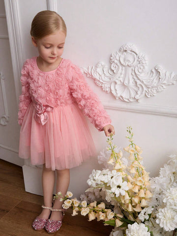 Kids Toddler Girls' Fashionable 3D Floral Princess Dress With Layered Mesh Skirt, Bow Waistband, Long Sleeves, Suitable For Holidays, Parties, Gatherings