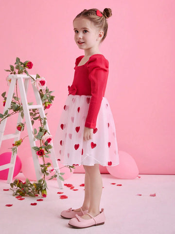 Glamorique Kids Valentine's Day Girl's Red Heart Mesh Long Sleeve Dress