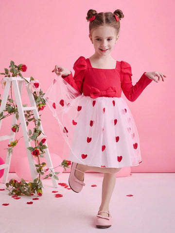 Glamorique Kids Valentine's Day Girl's Red Heart Mesh Long Sleeve Dress