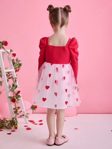 Glamorique Kids Valentine's Day Girl's Red Heart Mesh Long Sleeve Dress