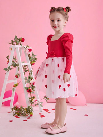 Glamorique Kids Valentine's Day Girl's Red Heart Mesh Long Sleeve Dress
