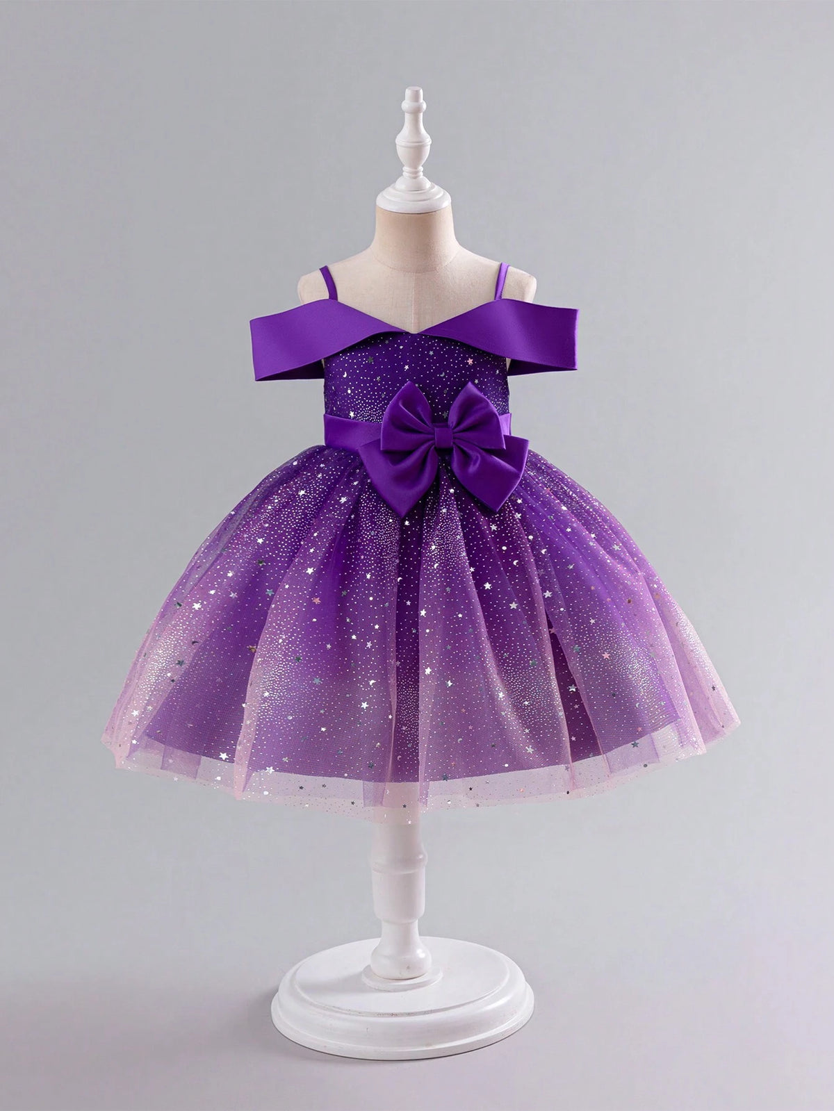 Kids Young Girl Christmas Party Wear Luxurious Holiday Sequin Star Open Shoulder Purple Princess Dress