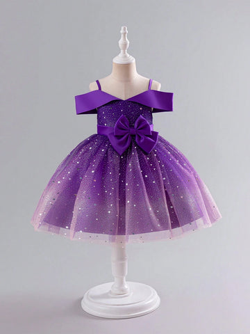 Kids Young Girl Christmas Party Wear Luxurious Holiday Sequin Star Open Shoulder Purple Princess Dress