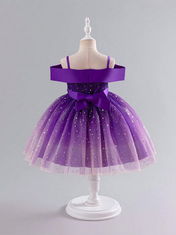 Kids Young Girl Christmas Party Wear Luxurious Holiday Sequin Star Open Shoulder Purple Princess Dress