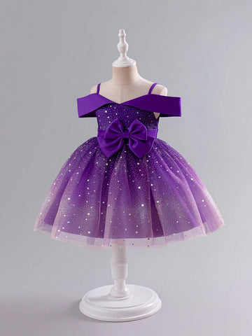 Kids Young Girl Christmas Party Wear Luxurious Holiday Sequin Star Open Shoulder Purple Princess Dress