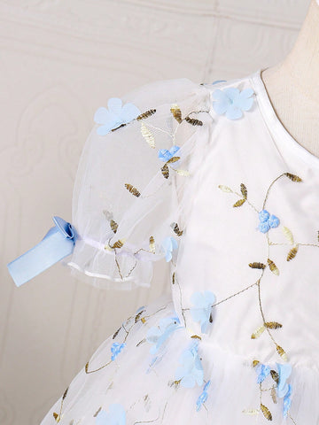 Young Girl' Fashion Elegant Floral Embroidery Cute Bow Decor Ruffle Mesh Short Sleeve Summer Dress