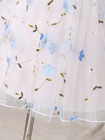 Young Girl' Fashion Elegant Floral Embroidery Cute Bow Decor Ruffle Mesh Short Sleeve Summer Dress