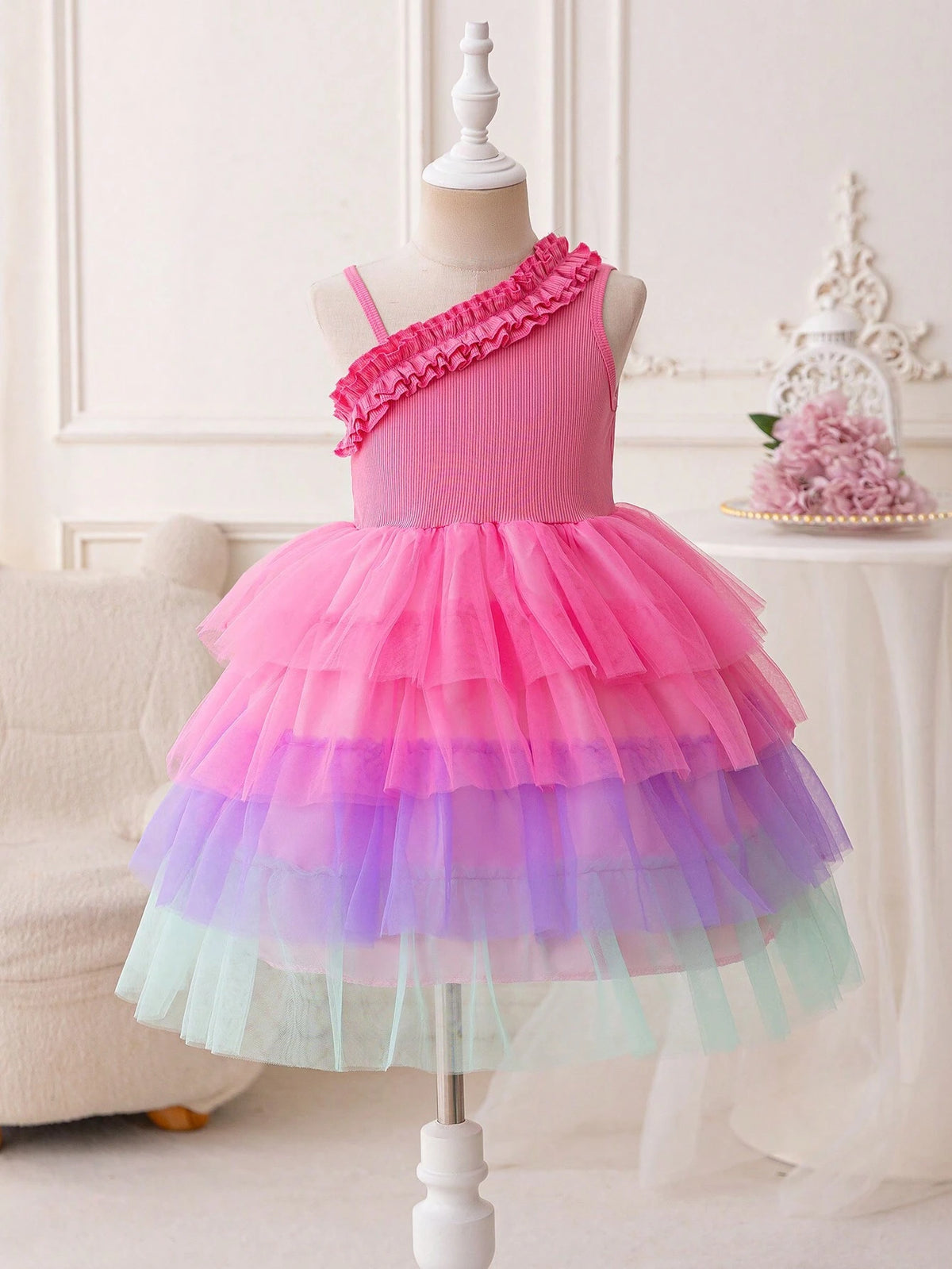 Young Girl Floral Patchwork Colorful Cake Mesh Tutu Dress. With Its Sweet, Dreamy Design, This Dress