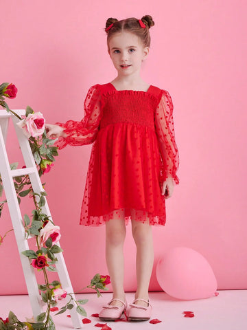 Young Girl Holiday Party Flower Girl Elegant Heart Tulle Puff Sleeve Dress Suitable For Outing, Festival, Holiday, Spring Autumn