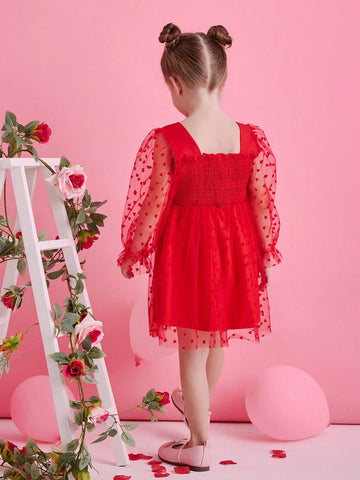 Young Girl Holiday Party Flower Girl Elegant Heart Tulle Puff Sleeve Dress Suitable For Outing, Festival, Holiday, Spring Autumn