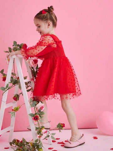 Young Girl Holiday Party Flower Girl Elegant Heart Tulle Puff Sleeve Dress Suitable For Outing, Festival, Holiday, Spring Autumn