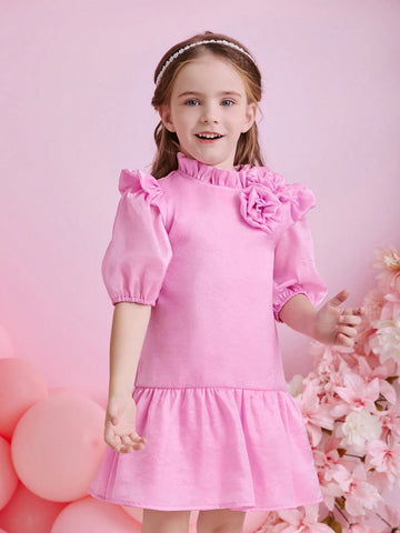 Glamorique Kids Young Girl Pink Cap Sleeve Dress With 3D Floral Decor