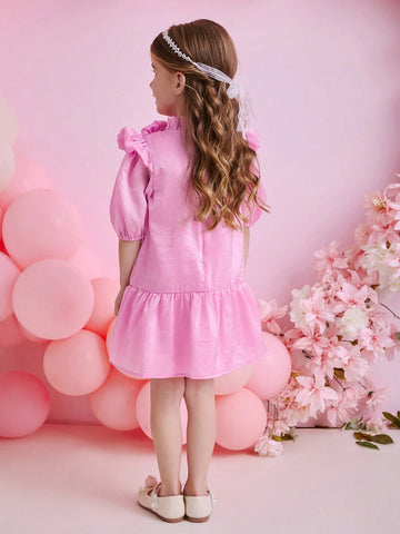 Glamorique Kids Young Girl Pink Cap Sleeve Dress With 3D Floral Decor