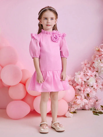 Glamorique Kids Young Girl Pink Cap Sleeve Dress With 3D Floral Decor