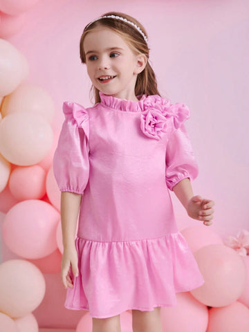 Glamorique Kids Young Girl Pink Cap Sleeve Dress With 3D Floral Decor