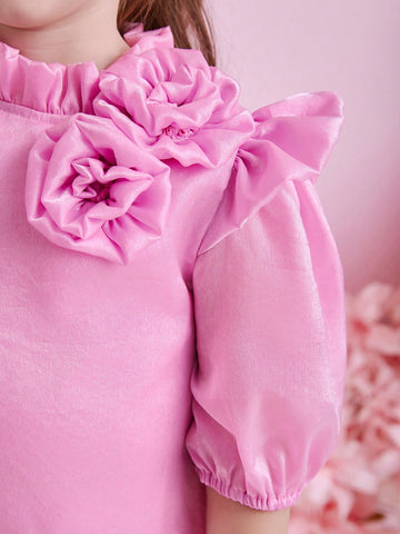 Glamorique Kids Young Girl Pink Cap Sleeve Dress With 3D Floral Decor