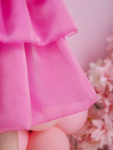 Glamorique Kids Young Girl Pink Cap Sleeve Dress With 3D Floral Decor