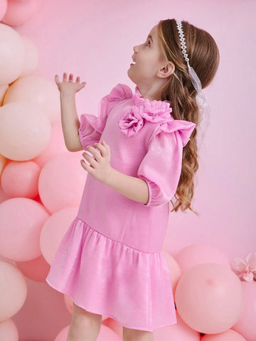 Glamorique Kids Young Girl Pink Cap Sleeve Dress With 3D Floral Decor