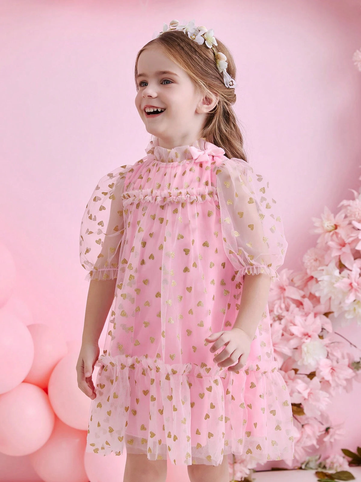 Glamorique Kids Young Girl Pink Mesh Glitter Patchwork Ruffle Collar & Front Spliced Dress