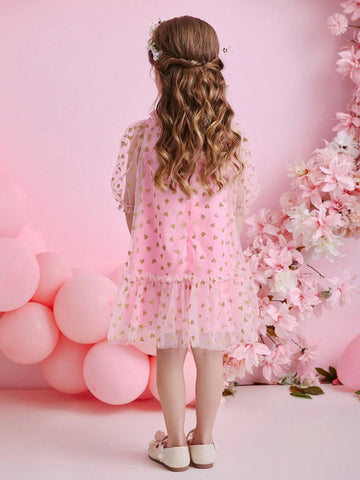 Glamorique Kids Young Girl Pink Mesh Glitter Patchwork Ruffle Collar & Front Spliced Dress