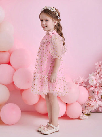 Glamorique Kids Young Girl Pink Mesh Glitter Patchwork Ruffle Collar & Front Spliced Dress
