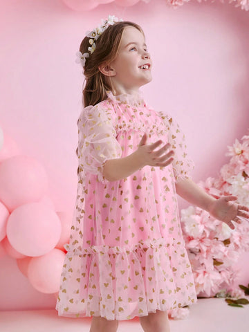 Glamorique Kids Young Girl Pink Mesh Glitter Patchwork Ruffle Collar & Front Spliced Dress