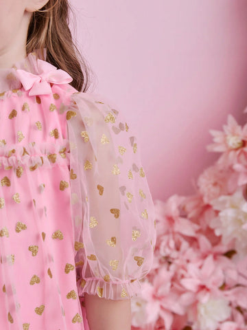 Glamorique Kids Young Girl Pink Mesh Glitter Patchwork Ruffle Collar & Front Spliced Dress